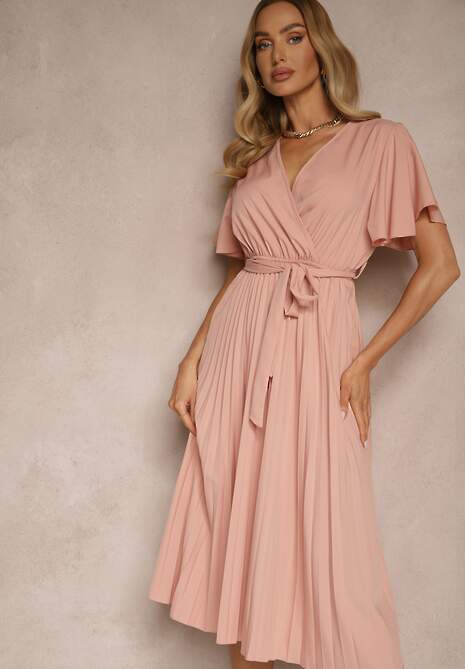 Różowa Sukienka Wiązana w Talii z Plisowaniem na Dole Dorseki