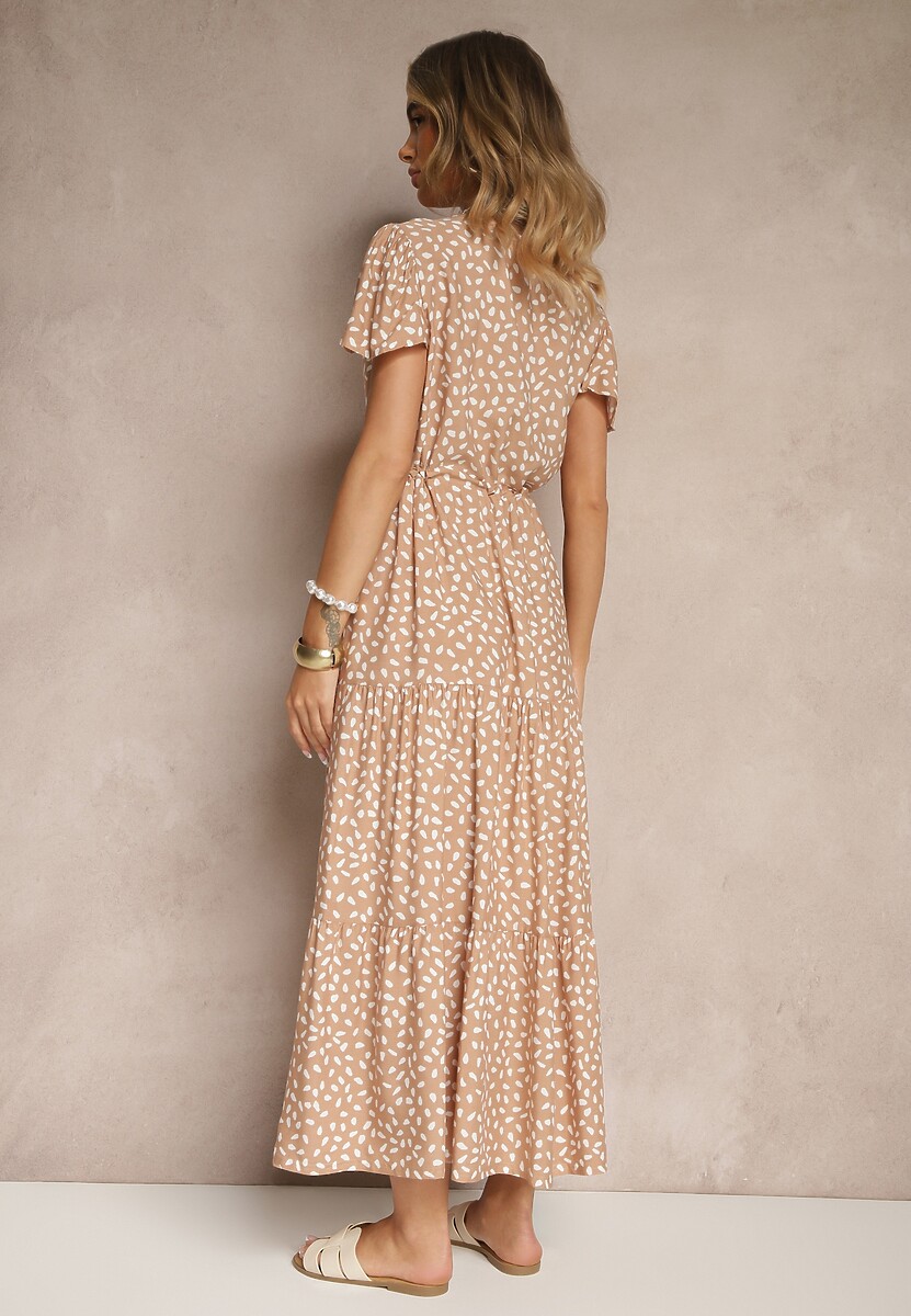 Beżowa Rozkloszowana Sukienka z Bawełną i Geometrycznym Motywem Mevelaia