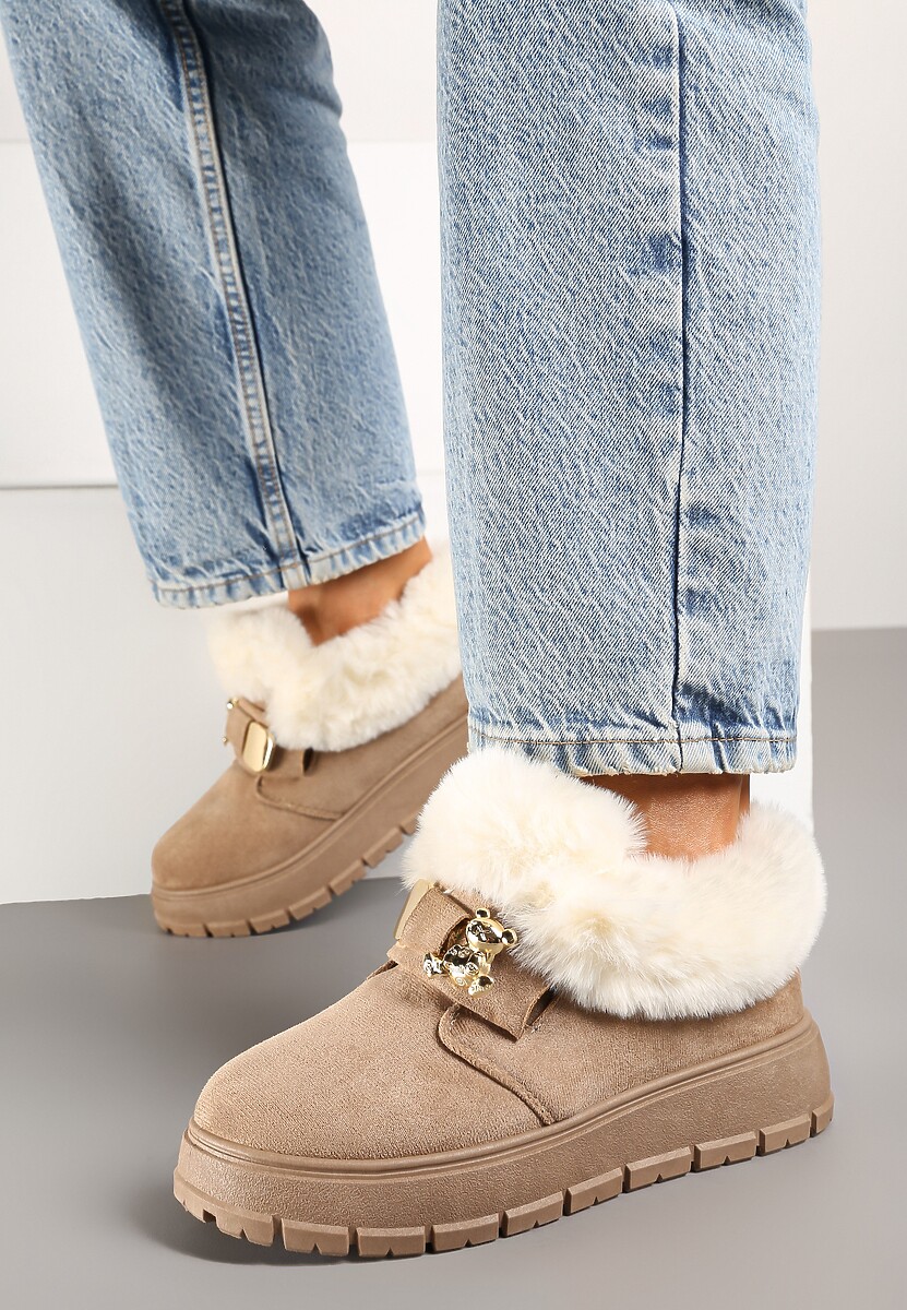 Ciemnobeżowe Śniegowce na Platformie z Metaliczną Aplikacją i Klamrą Izareth