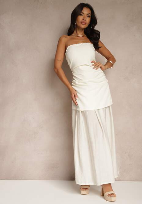 Beżowa Sukienka Koktajlowa z Dekoltem Bandeau Ozdobiona Marszczeniem Folimmea