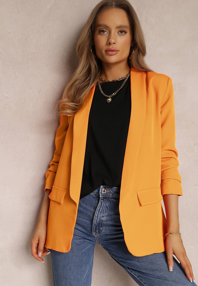 Pomarańczowa Marynarka Niezapinana z Marszczonymi Rękawami Orolea