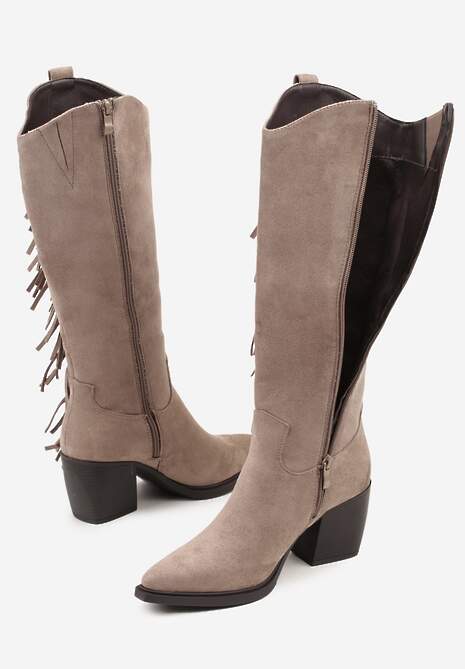 Beżowe Kozaki Kowbojki na Stożku Zdobione Frędzlami Nucca