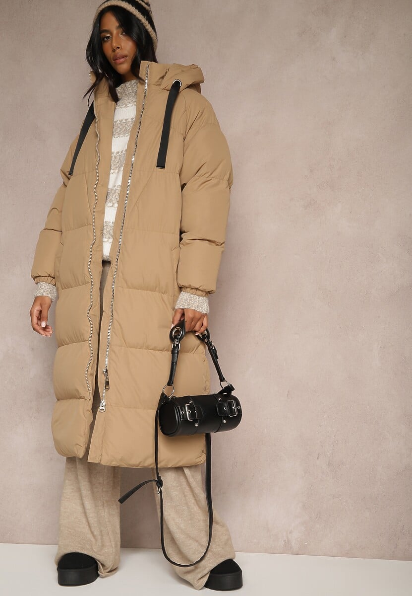 Ciemnobeżowa Długa Kurtka Pikowana Płaszcz z Kapturem Serea