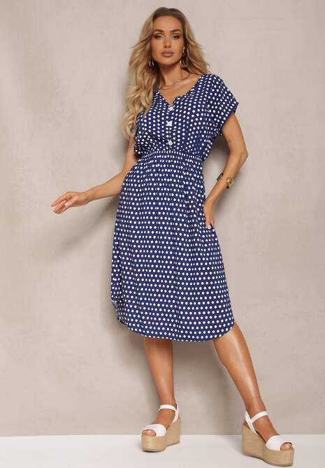 Granatowa Sukienka z Bawełny o Rozkloszowanym Kroju z Gumką w Talii Emilla