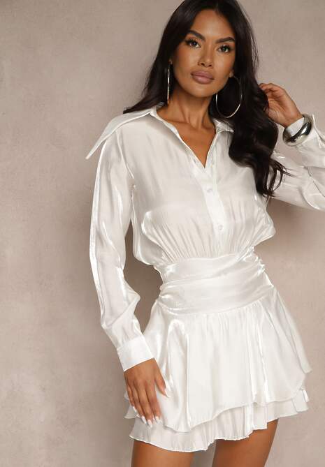 Biała Wiskozowa Sukienka o Koszulowym Fasonie z Falbanami Lioelle