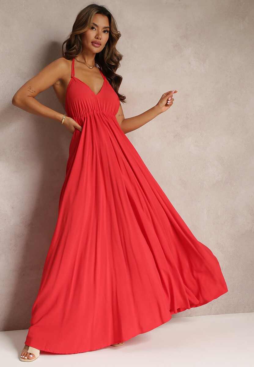 Ciemnobeżowa Rozkloszowana Sukienka Bawełniana z Wiązaniem na Szyi Panethea