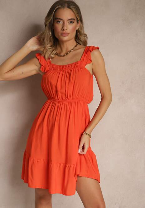 Pomarańczowa Rozkloszowana Sukienka z Wiskozą z Gumką w Talii Lirandine