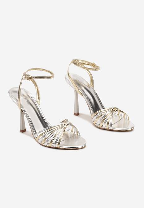 Srebrno-Złote Sandały na Szpilce z Cienkimi Paseczkami z Supełkiem Wloedia