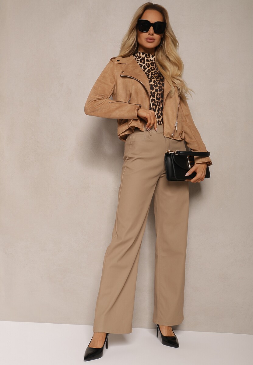 Beżowe Spodnie Woskowane o Szerokim Kroju High Waist Sezila