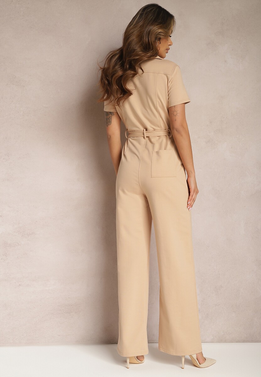 Beżowy Kombinezon z Elastycznej Bawełny z Suwakiem i Wiązanym Paskiem Ecatra