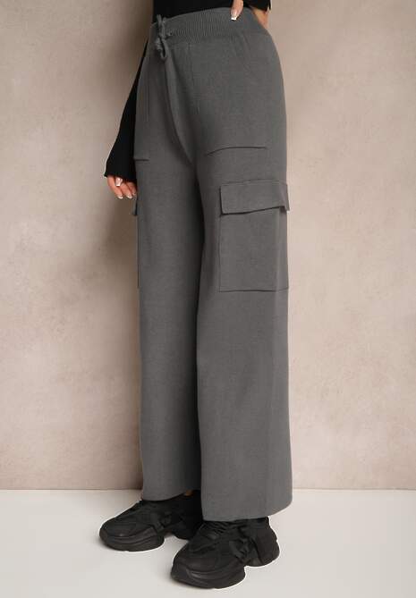 Ciemnoszare Szerokie Spodnie Dzianinowe z Gumką w Pasie i Kieszeniami Emithlera