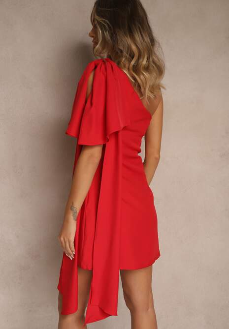 Czerwona Koktajlowa Sukienka Ozdobiona z Boku Kokardą Morisse