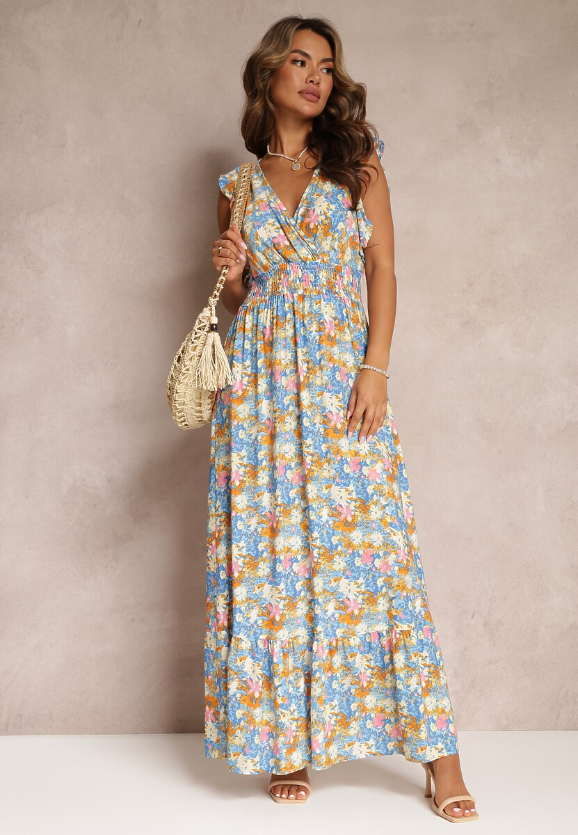 Niebieska Wiskozowa Rozkloszowana Sukienka z Gumką w Talii Jasa