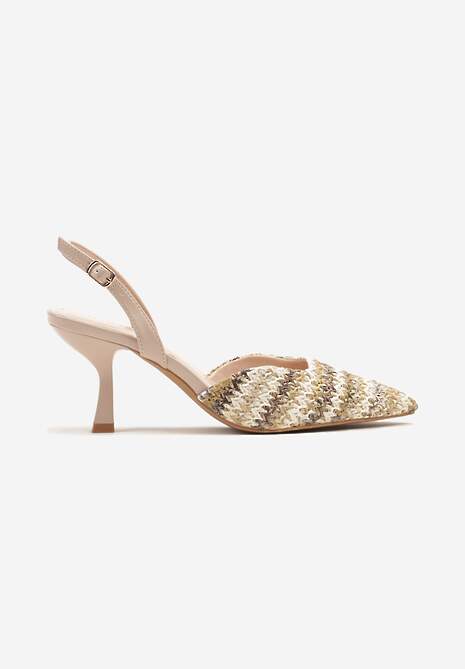 Ciemnobeżowe Sandały na Szpilce Typu Slingback z Plecioną Cholewką Tatelana