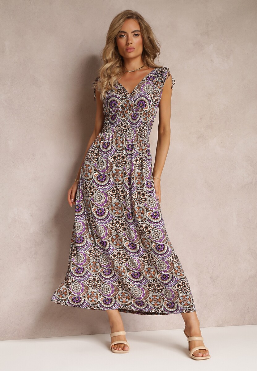 Fioletowa Kwiecista Sukienka Maxi z Gumką w Talii z Wiskozy Aslana