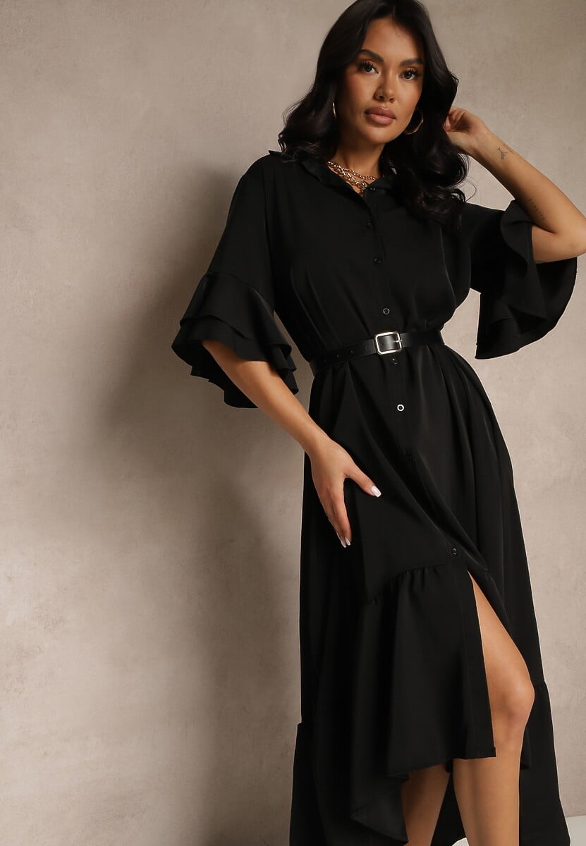 Czarna Koszulowa Sukienka Ozdobiona Falbanką Ransara