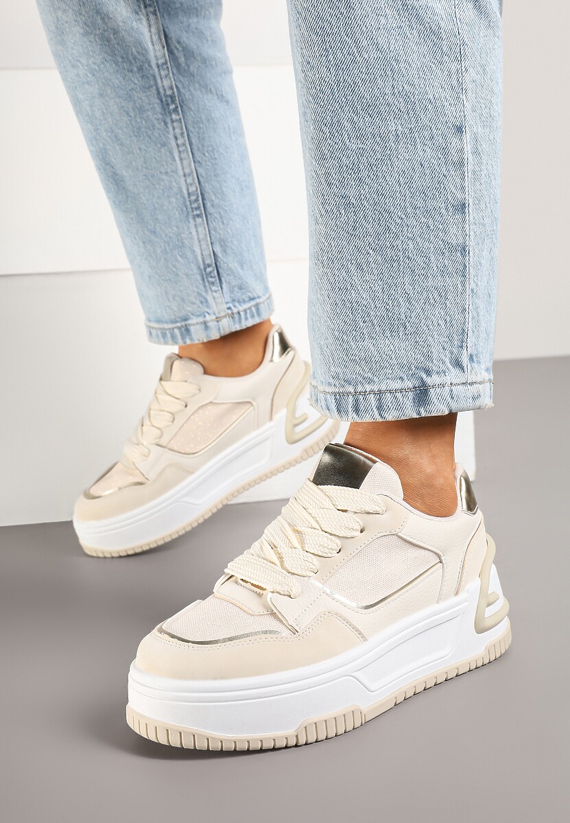 Beżowe Sneakersy na Platformie Ozdobionej Tłoczeniem Deovithra