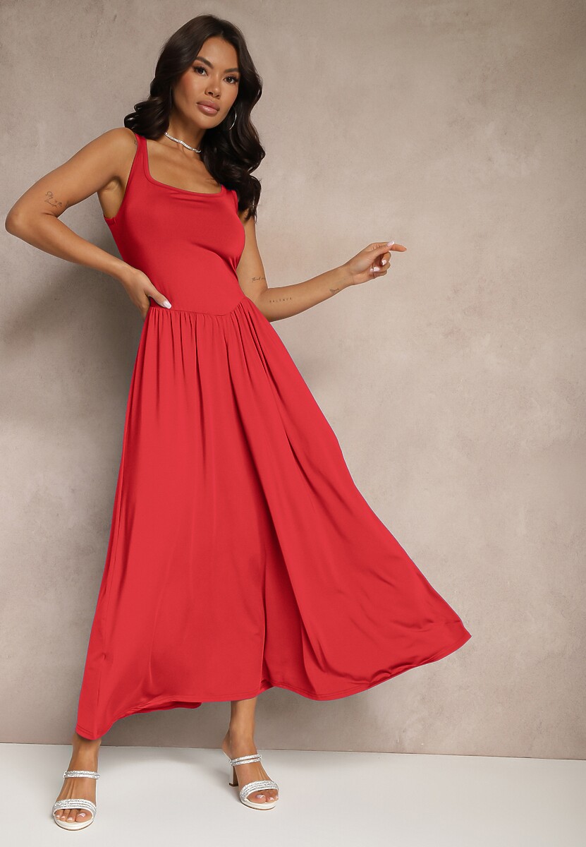 Czerwona Rozkloszowana Sukienka z Wiskozą i Kwadratowym Dekoltem Ravvia