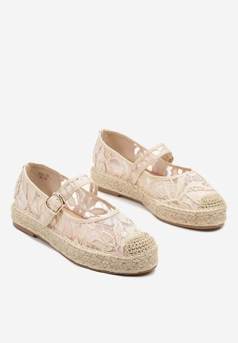 Beżowe Espadryle na Plecionej Podeszwie z Paskiem i Koronkową Cholewką Tatonia
