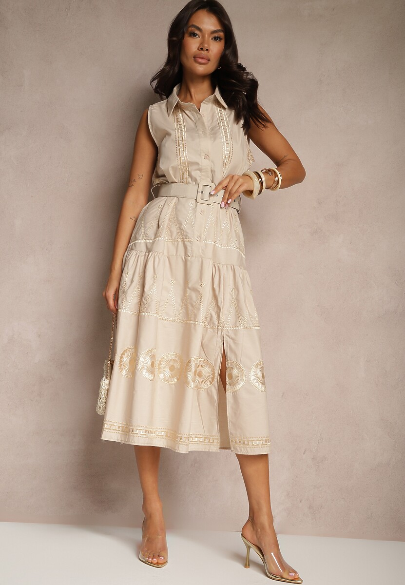 Beżowa Sukienka o Koszulowym Kroju z Paskiem Zdobiona Haftem Talliera
