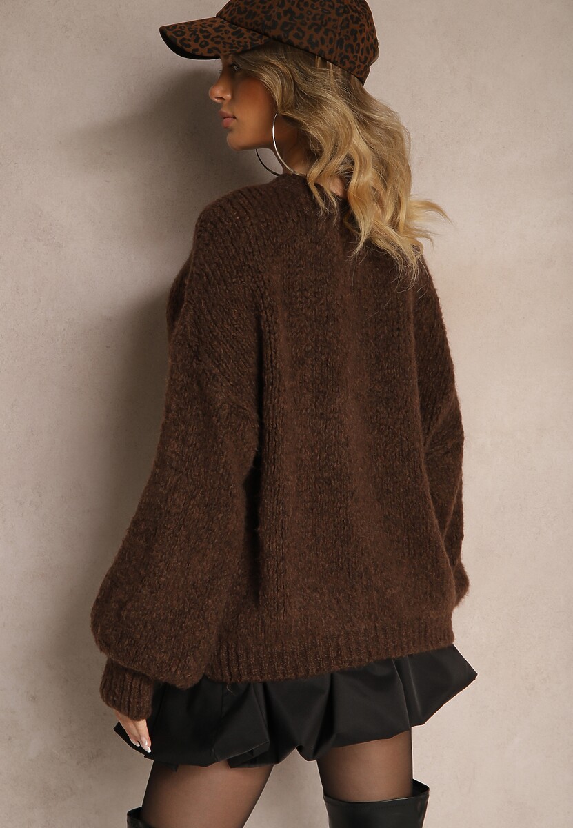 Brązowy Klasyczny Sweter z Wełną i Wiskozą o Luźnym Kroju Omethea