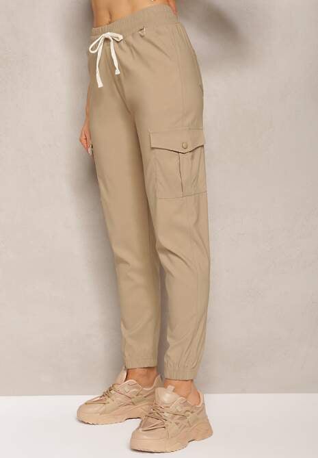 Beżowe Spodnie High Waist o Fasonie Bojówek Istredda