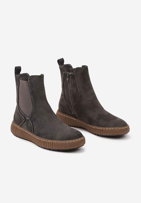 Szare Botki Sztyblety na Płaskiej Podeszwie Ozdobionej Tłoczeniem Lemitana
