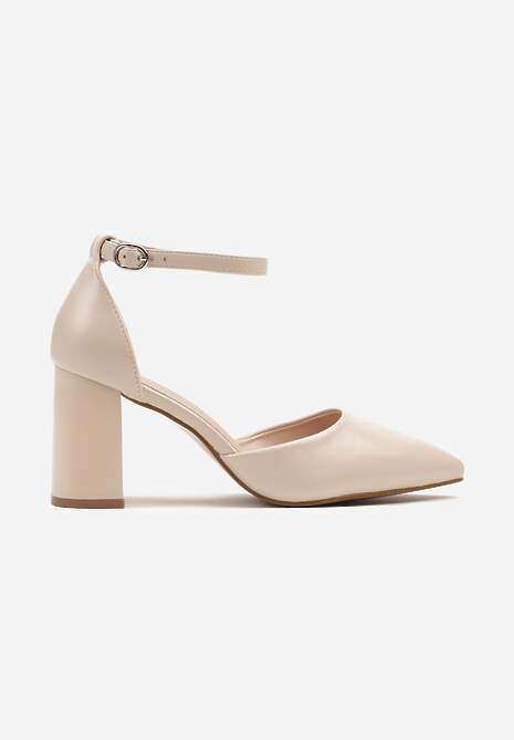 Jasnobeżowe Czółenka na Obcasie ze Skórzaną Wkładką i Paskiem Wokół Kostki Veliona