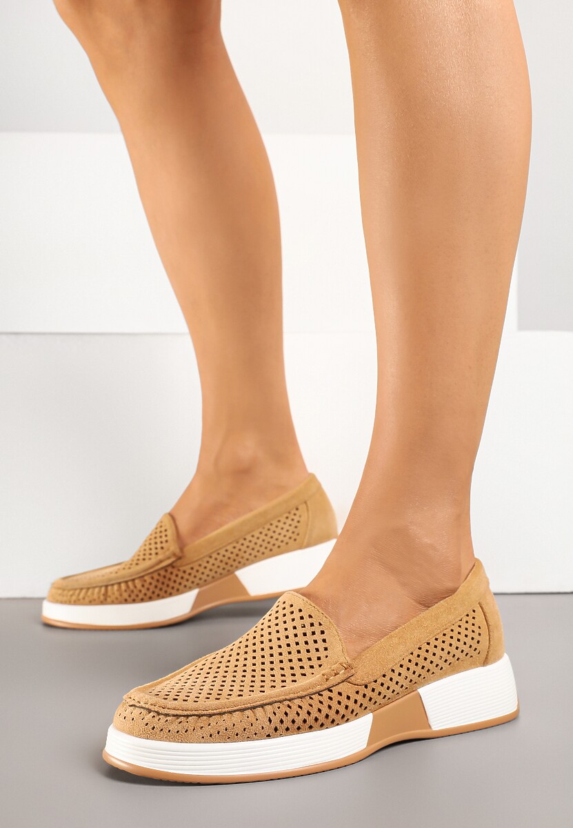 Brązowe Ażurowe Mokasyny z Wkładką ze Skóry Naturalnej Lunadinea