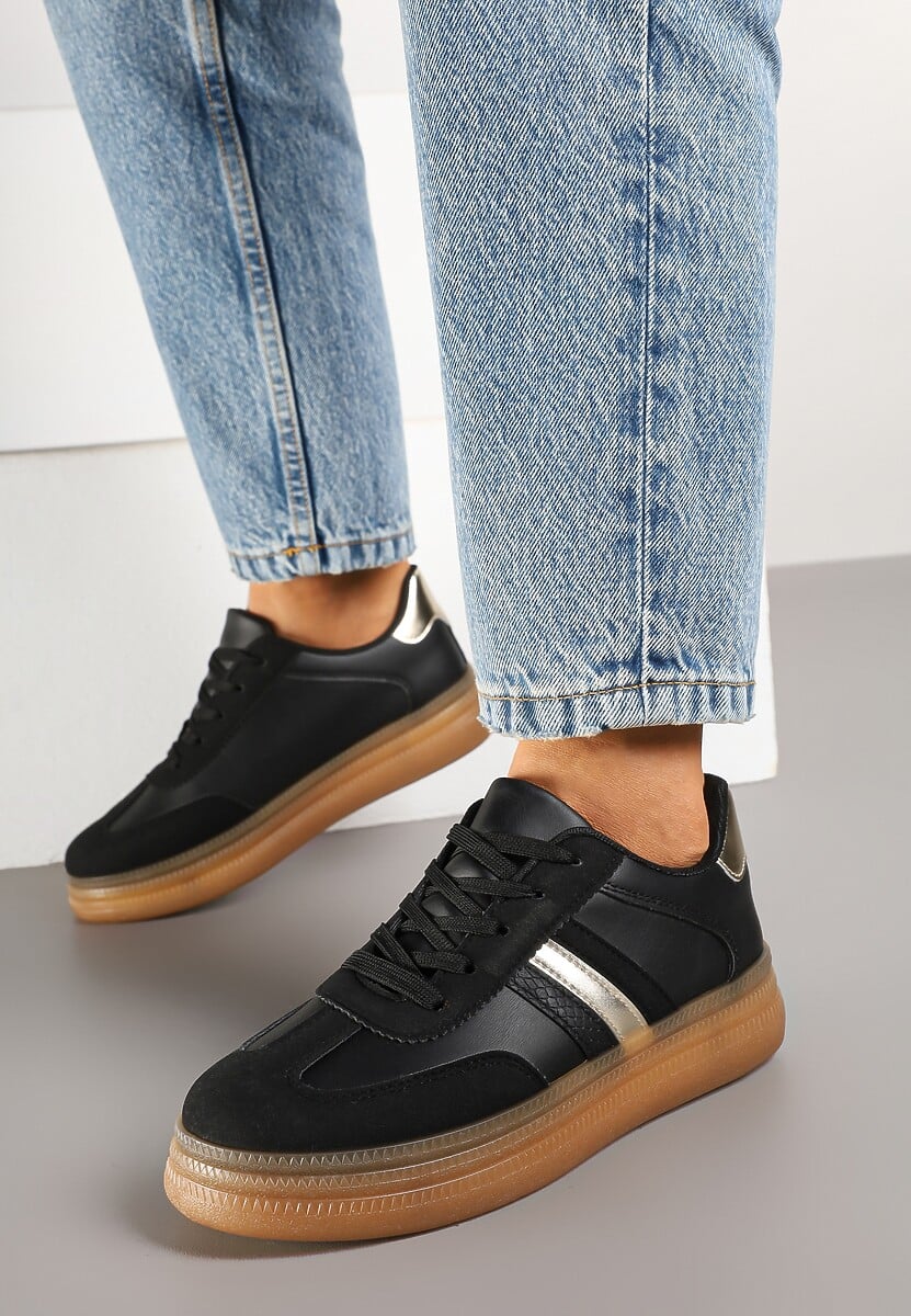 Czarne Sneakersy w Stylu Tenisówek Ozdobione Metaliczną Aplikacją Tihanor
