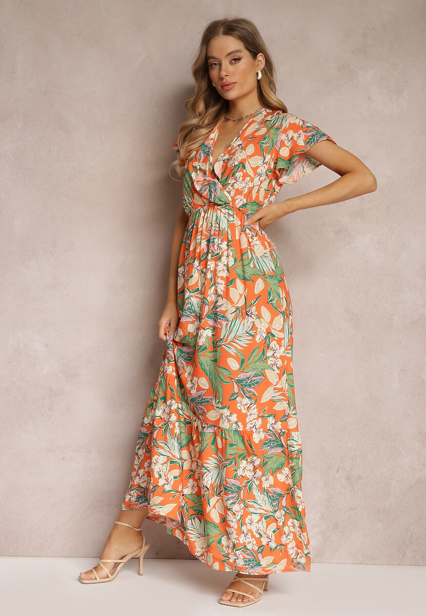 Pomarańczowa Sukienka z Wiskozy Maxi w Kwiaty Mahiza