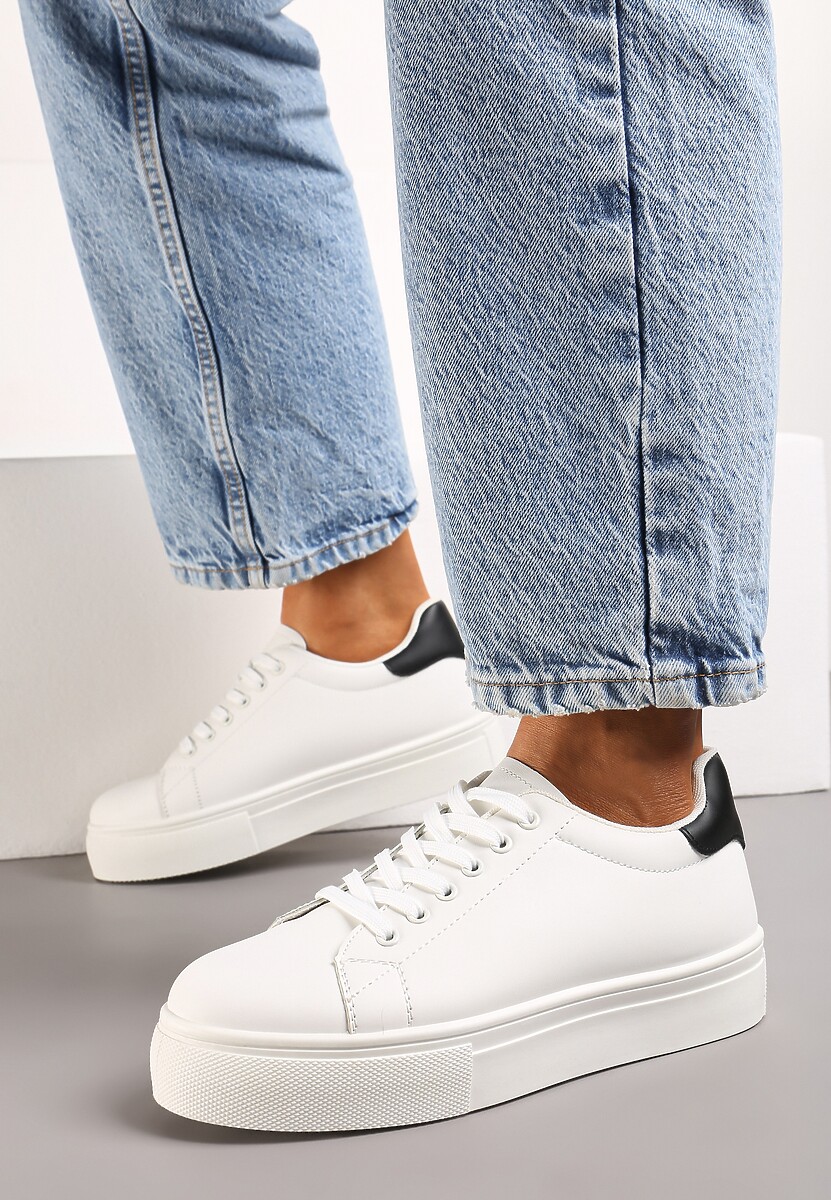 Biało-Czarne Sneakersy z Cholewką przed Kostkę na Platformie Longana