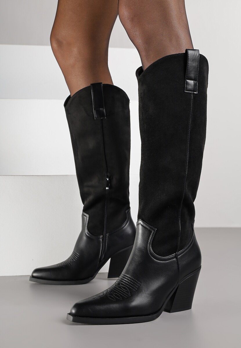 Czarne Kozaki Kowbojki z Łączonych Materiałów na Stożkowym Obcasie Avalerie