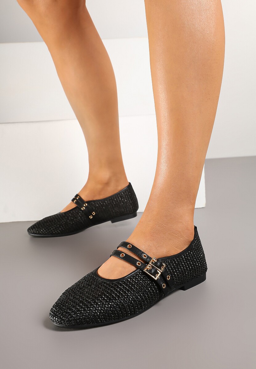 Czarne Plecione Balerinki Mary Jane na Płaskiej Podeszwie Firmi