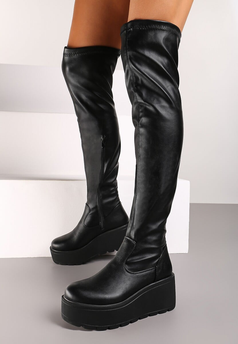 Czarne Casualowe Kozaki na Platformie i Koturnie z Dopasowaną Cholewką Erissia