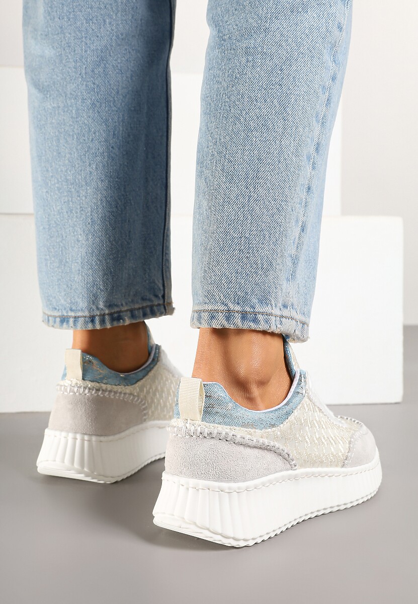 Jasnoszare Sneakersy ze Skóry Naturalnej z Tweedową Wstawką Varelna