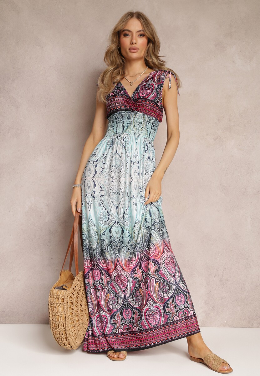 Czerwona Kopertowa Sukienka Maxi z Gumkami w Talii i Ściągaczami na Ramionach Hannele