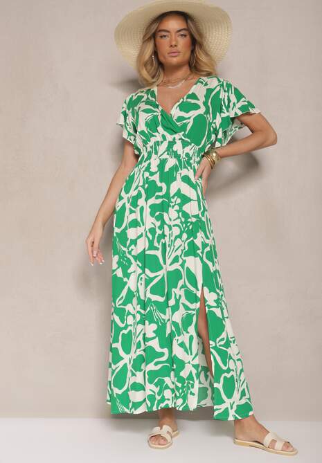 Zielona Kopertowa Wiskozowa Sukienka Rozkloszowana z Abstrakcyjnym Wzorem Rallevia