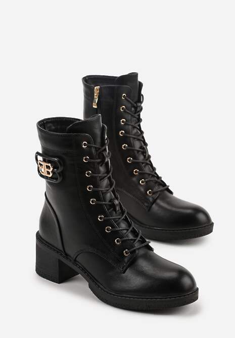 Czarne Botki Vices o Fasonie Trzewików na Słupku Zdobione Aplikacją Nuvitte