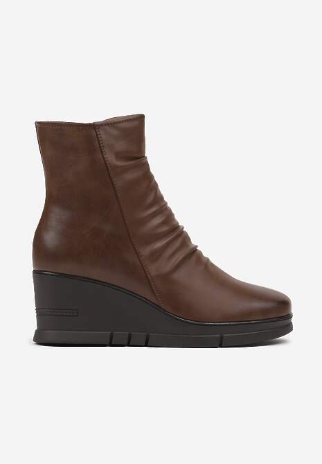 Brązowe Casualowe Botki na Koturnie z Marszczeniem przy Cholewce Itteara