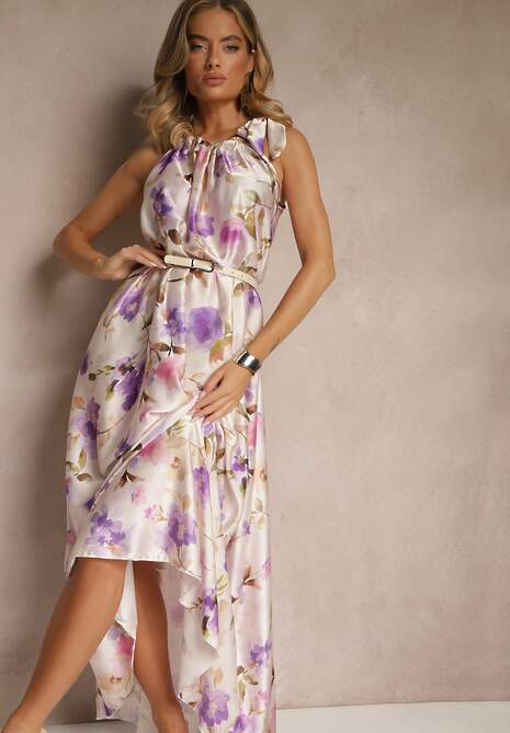 Fioletowa Sukienka z Satyny w Kwiatowy Wzór Fenimea