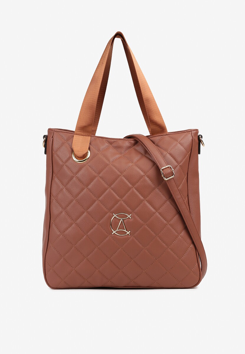 Brązowa Duża Torebka Pikowana Ozdobiona Aplikacją z Regulowanym Paskiem Reriora