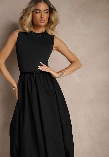 Czarna Sukienka z Wiskozy o Fasonie Balloon z Eleganckim Paskiem z Klamerką Stelliia