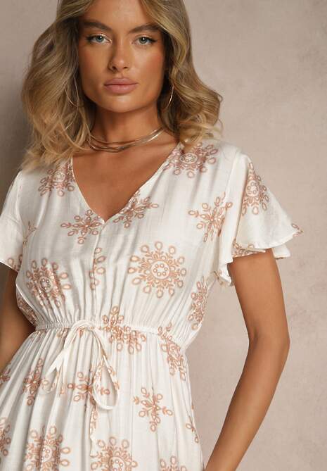 Biało-Beżowa Sukienka z Wiskozy Ozdobiona Falbanką i Kwiatami Lumacelle