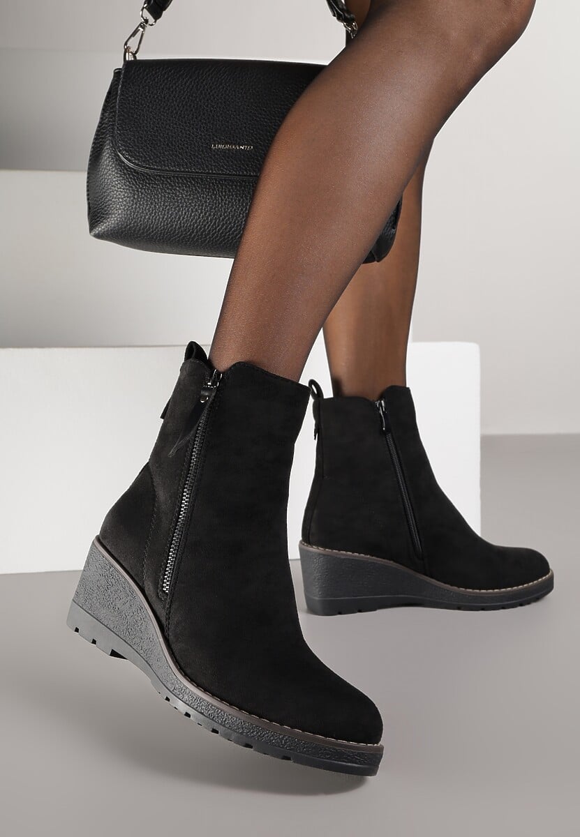 Beżowe Botki na Koturnie z Ozdobnym Suwakiem Houtanie