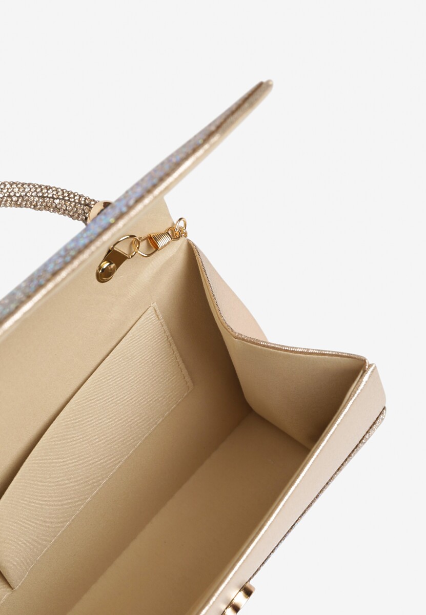 Złota Torebka Kopertówka z Cyrkoniami i Rączką Denive