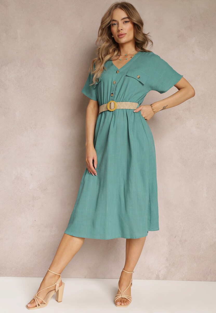 Zielona Koszulowa Sukienka Midi z Bawełny z Gumką w Talii i Plecionym Paskiem Emera