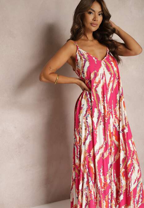 Ciemnoróżowa Wiskozowa Sukienka o Rozkloszowanym Kroju na Ramiączkach Risaletti