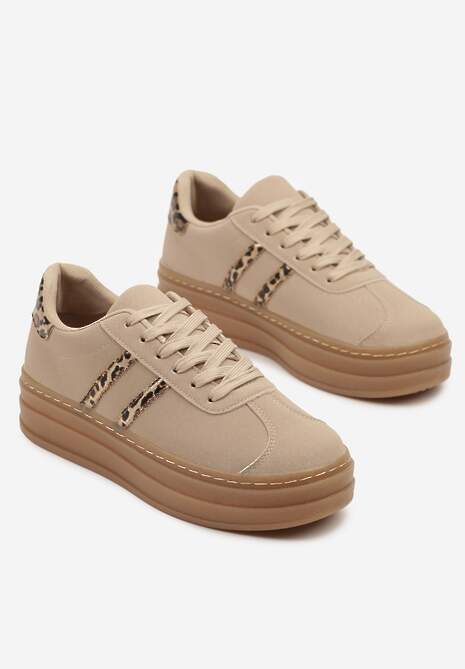 Ciemnobeżowe Sneakersy na Tłoczonej Platformie Ozdobione Paskami Felainora