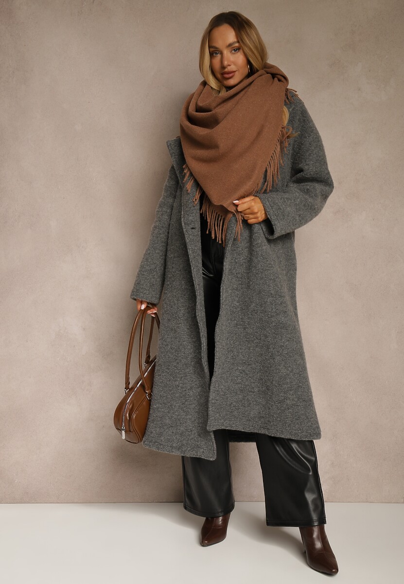 Jasnobrązowy Bawełniano-Wiskozowy Szalik w Kształcie Trójkąta z Frędzlami Vetisara